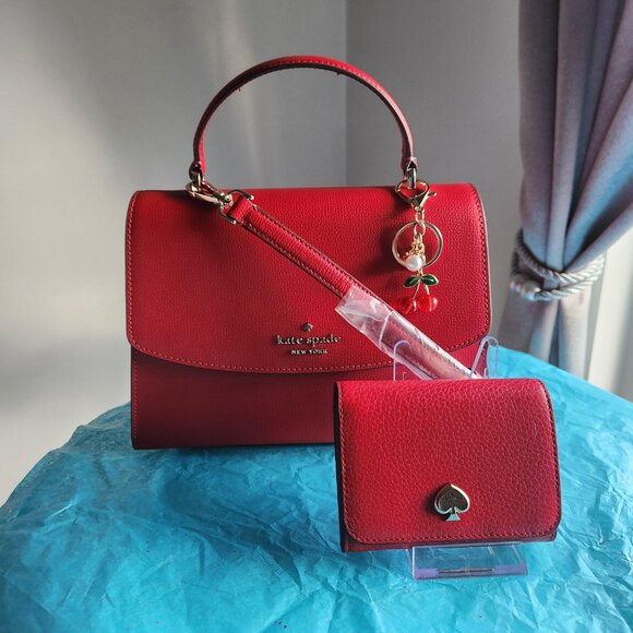 Kate Spade Red Darcy Top Handle Satchel 5 pc set w/adjustable strap - Picture 6 of 11